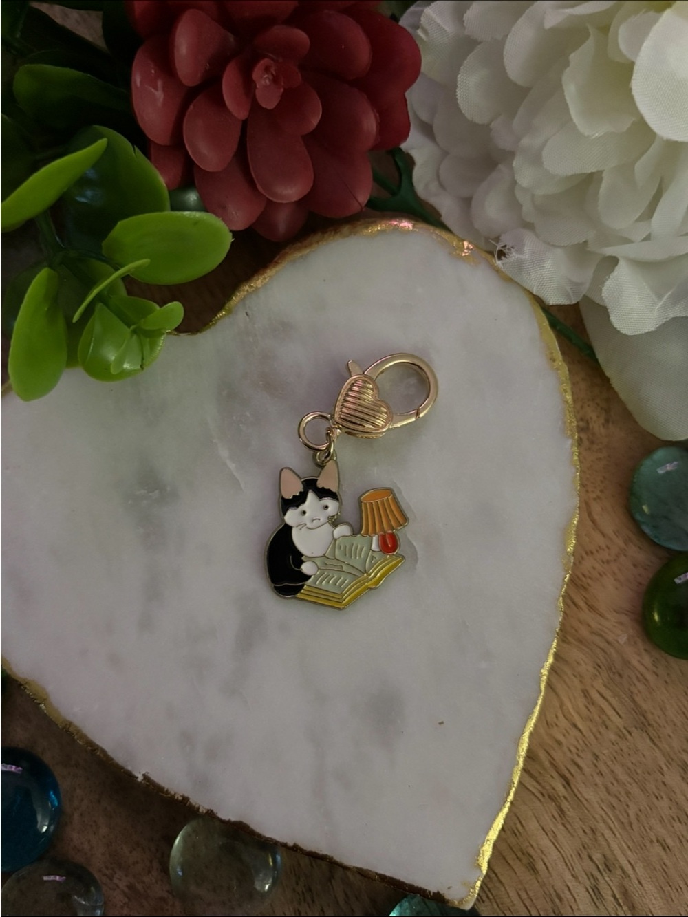 Cat Reading Book by Lamplight Enamel Keychain